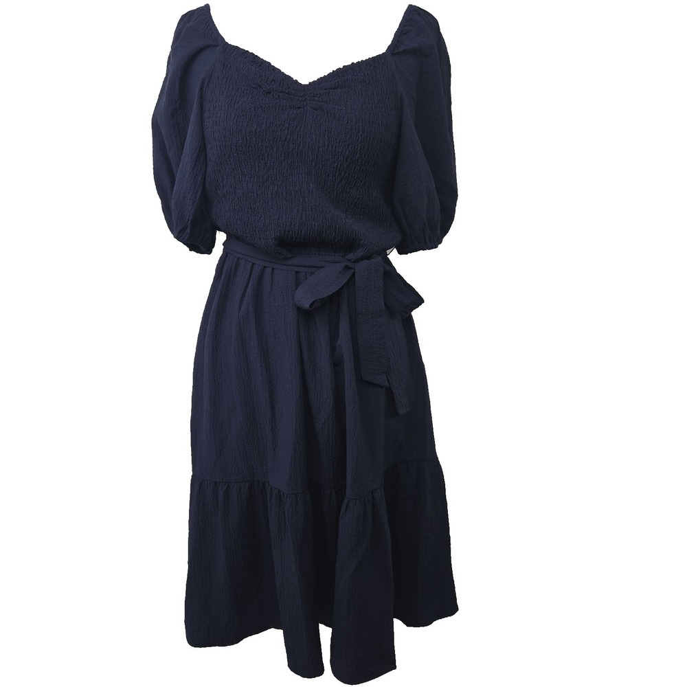 DKNY Size 6 Navy Gauzi Crinkle Smocked Tiered Puff Sleeve Mini‎ Dress